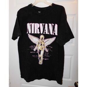 Nirvana In Utero Rock Distressed Black Pink‎ 100% Cotton T-shirt Size Large